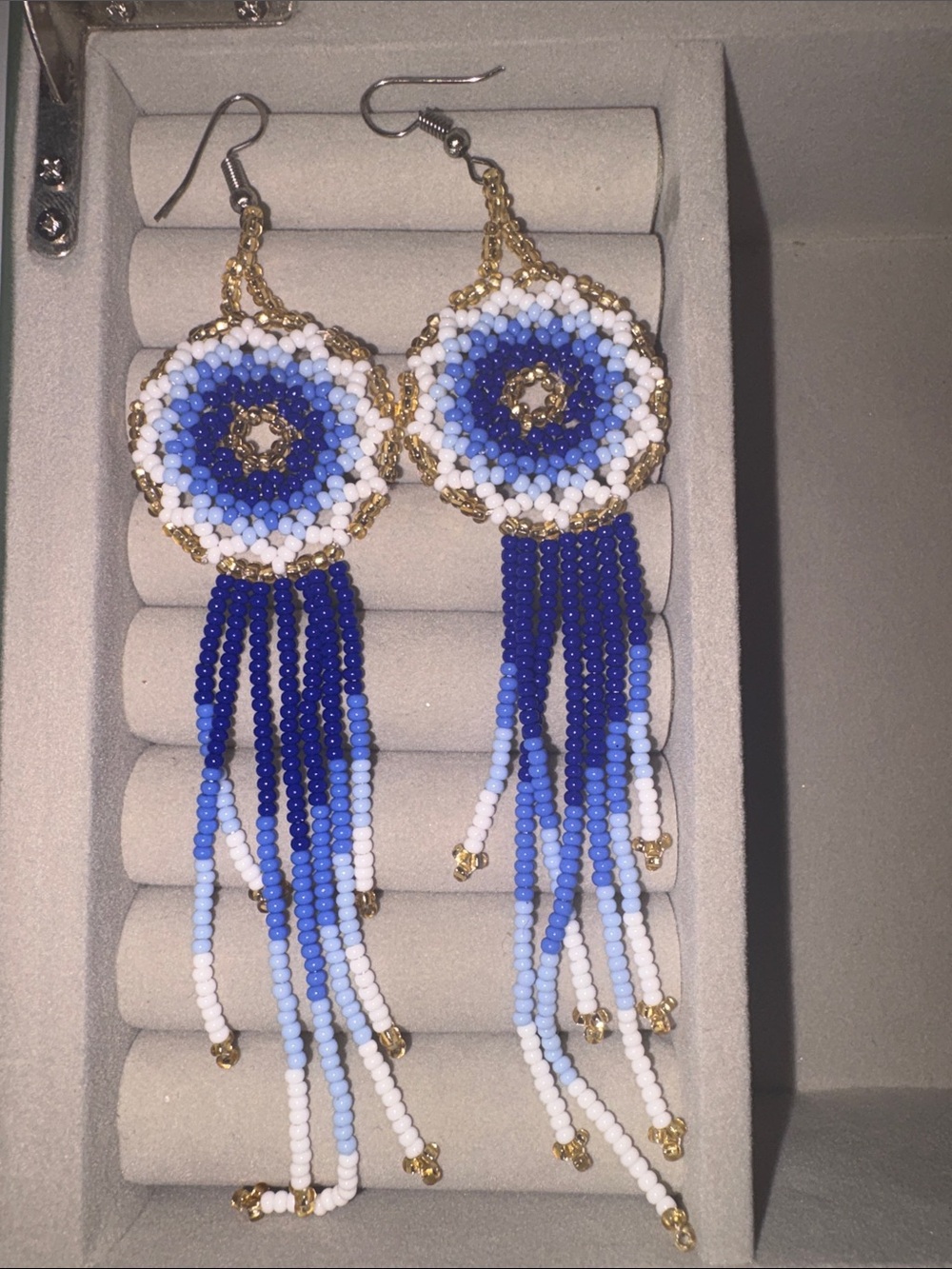 Handmade Blue Beaded Fringe Earrings - Gold Accent